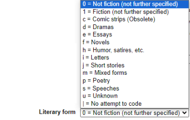 MARC record Literary form drop-down.